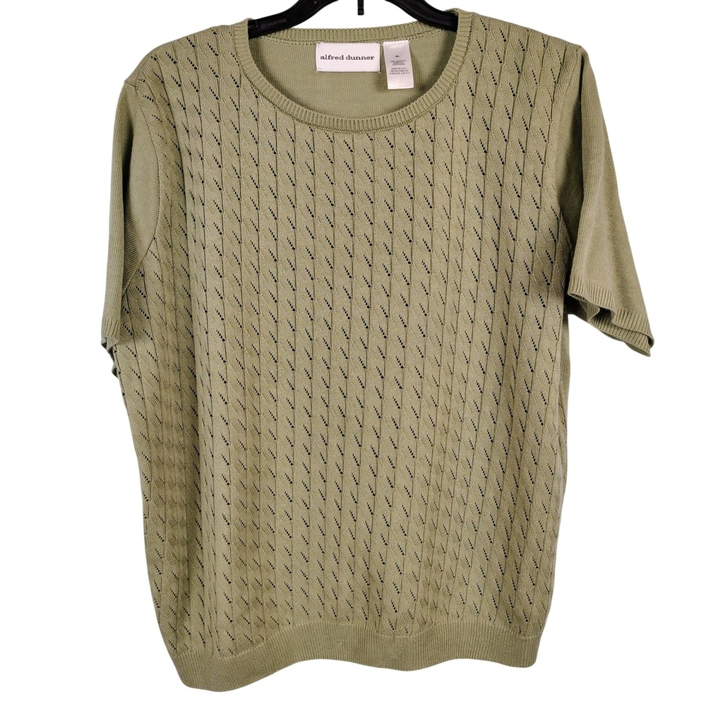 Alfred Dunner Womens XL Short Sleeve Pointelle Sweater Sage Green Grandmacore